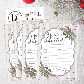 25 Woodland Holiday Invitations, Rustic Christmas Winter New Years Xmas Dinner Party Invite, Forest Mountain Adult Kid Birthday Festive Event Themed Card, Wonderland Baby Bridal Shower Ideas Supplies