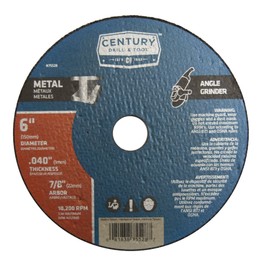 Century Drill & Tool 75528 A60T, Type 1A Thin Metal Cutting Wheel for Angle Grinder, 6-inch, 040" Thickness, 7/8" Arbor, 10,200 Maximum Safe RPM Speed, for Metal Cutting