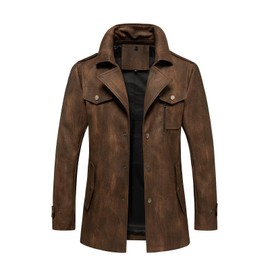 INVACHI Men's Leather Trench Coat Waterproof PU Windbreaker Jacket with Detachable Collar Overcoat