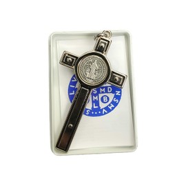 St Benedict Cross Medal Crucifix 3" Silver Plated Plated with Black Enamel