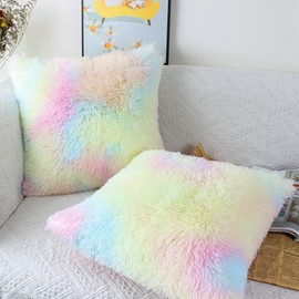 OYIMUA Set of 2 40 x 40cm Faux Fur Fluffy Cushion Covers Soft Throw Pillow Case 16x16 Rainbow Decorative Square Plush Pillowcase for Livingroom Sofa Bedroom
