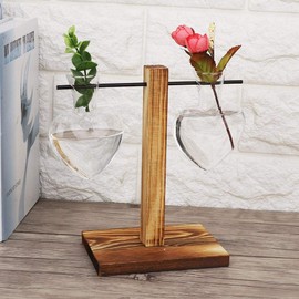 Jeffergarden A Hydroponic Vase Glass Vase with Wooden Stand Heart Ball Shape Hydroponic Plant Container Tabletop Desk Decor