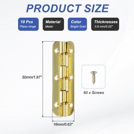 MECCANIXITY Small Piano Hinge 90Degree Jewelry Box Hinges with Screws for Jewellery Wooden Boxes (Bright Gold, Pack of 10)
