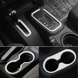 E-cowlboy 4PCS Interior Accessories Decoration Cover Trim Kit Front+Rear Water Cup Holder Trim Gear Shift Box Trim Transfer Case Trim for Jeep Wrangler JK JKU 2011-2018 4-Door (White)