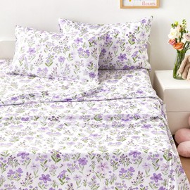 Wake In Cloud - Floral Bed Sheets, 4-Piece Sheet Set, Shabby Chic Flower Pattern Printed Coquette Cottagecore Vintage Aesthetic Bedding, Deep Pocket, Purple White, Full Size