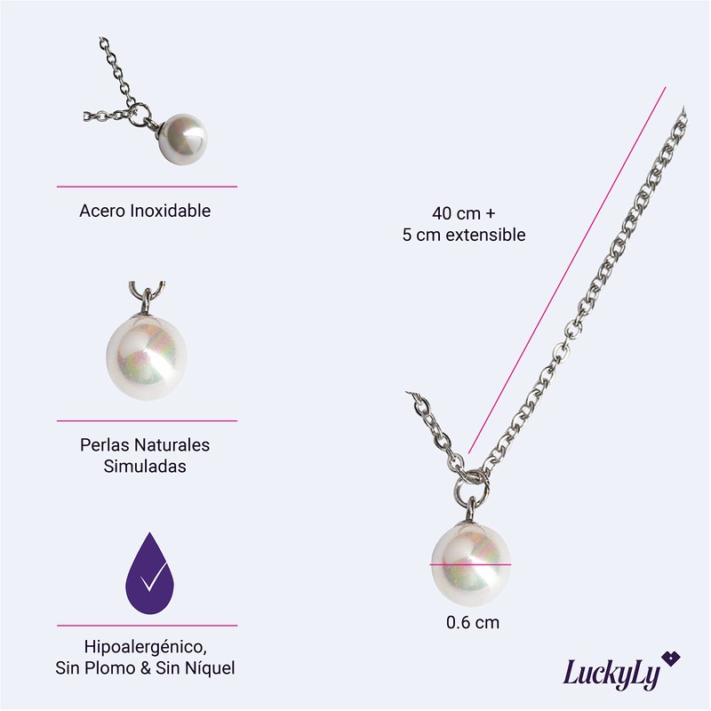 LuckyLy Collar de Mujer con Perla, Cadena de Acero Inoxidable