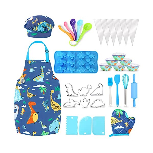 Aoskie Kids Baking Set with Dinosaur Apron and Chef Hat, Cooking Chef Set Baking Supplies Dress Up Role Play Toys Gift for 3-8 Years Old