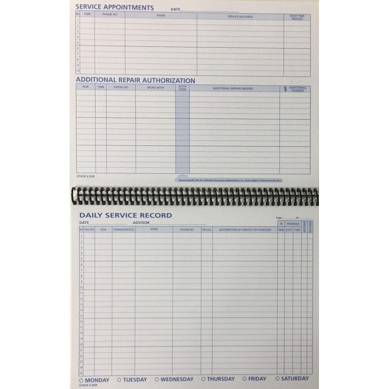 Daily Service Record Book - 50 Sheets/Book (W9)