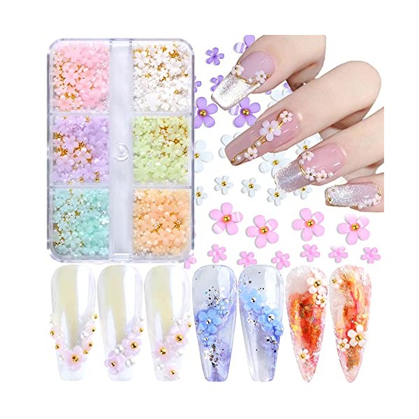 3D Flower Nail Art Charms, 6 Grids 3D Acrylic Nail Flowers Rhinestone Light Change Pink White Blue Cherry Blossom Acrylic Spring Nail Art Supplies with Pearls Manicure DIY Nail Decorations