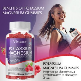 Potassium Magnesium Gummies 500 mg Sugar-Free Magnesium Glycinate Supplement with Magnesium L-Threonate,Vitamin D3,Improved Leg Cramps,Muscle,Heart Health for Adults Raspberry Flavor 180 Count
