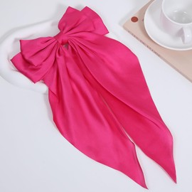 Large Silky Satin Hair Bows with Long Tail for Women Girls Hair Ribbon Bowknot French Barrettes,Big Metal Hair Clips Hairpins, Valentines Dress Decor Accessories Gift Set Hot Pink