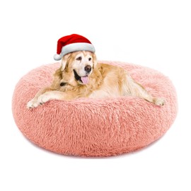 Calming Dog Bed for Large Dogs, Anti Anxiety Dog Bed, Round Dog Bed, Plush Faux Fur Dog Bed, Fluffy Dog Bed, Soft Cozy Pet Bed, Machine Washable, 30x30inch Pink