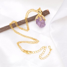 Natural Rough Amethyst Crystal Cute Octopus Pendant Necklace for Women