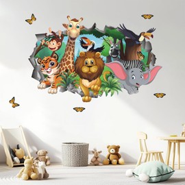 ANHUIB 3D Jungles Animal Wall Decals Safari Lion Elephant Giraffe Wall Stickers Tropical Leaves Wall Art Decals for Baby Nursery Kids Bedroom Living Room