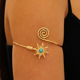 Gold Sun Arm Cuff Bracelet for Women Turquoise Upper Arm Bangle Cuff Open Adjustable Statement Bracelet Party Jewelry (Gold Turquoise)