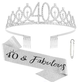 40th Birthday Sash & Rhinestone Crown Kit- Happy 40th Birthday Gifts Women 40th birthday decorations women… (silver)