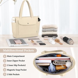 IGOLUMON Corduroy Tote Bag for Women with Magnetic Snap Front Pocket Large Capacity Shoulder Handbag with Zipper Work Travel Gym School College Shopping Daily Use