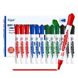 Sipa Whiteboard Markers Pens, 12 Bulk Dry Wipe Chisel Tip Erasable White Board Markers Pens Colour, Low Odor Flip Chart Markers, Ideal for Classroom, Office, Teachers and Students