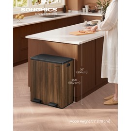 SONGMICS Trash Can, 2 x 8-Gallon Garbage Can for Kitchen, with 15 Trash Bags, 2 Compartments, Plastic Inner Buckets and Hinged Lids, Airtight, Dark Walnut ULTB060N02V1