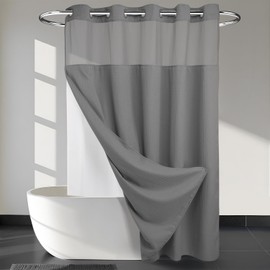JYhoney No Hook Grey Waffle Weave Shower Curtain with Snap in Liner Set,Waterproof Heavy Duty Fabric Bathroom Shower Curtains with See Through Window,Modern Hotel Farmhouse Bath Curtain Decor 71×74