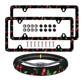 Beautiful Cherry License Plate Frame Car License Plate Cherry Steering Wheel Cover Cars Accessories Decor Fits Standard US Vehicles Size 12.2 x 6 Inches