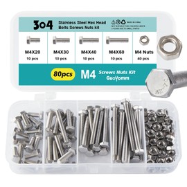 GuoYomm M4 x 20mm 30mm 40mm 50mm Hex Head Bolts and Nuts, M4 x 0.7 Bolts, Hexagon Head Screws, Stainless Steel 304, Bright Finish, Fully Thread, Assortment Kit 80PCS