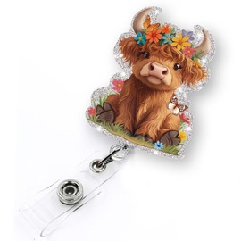Cute Highland Cow Badge Reel Retractable for Nurse Nursing RN CNA LPN Medical Worker & Teacher | Funny Nurse Gifts Pediatric Cow ID Badge Holder with Alligator Clip & 24” Durable Nylon Cord | Acrylic