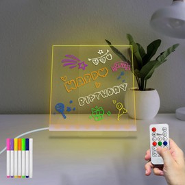 Masshomi LED Message Acrylic Writing Board LED 7 Color Change Remote Control Smart Dimming Timer 7 Color Pens Dry Eraser Light Up Stand Kid Draw Night Light Calendar to do List Menu 5.9 * 5.9 inch