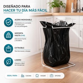 Soporte para Bolsa de Basura Metalico Anticorrosivo Bote de Basura sin Cubeta tipo Camiseta Porta Bolsas compacto para Oficina, Hogar o Cocina.