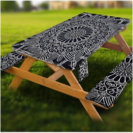 Fitted Picnic Table Cover with Bench Covers Vinyl Waterproof Elastic Edges Fitted Rectangle Tables Patio Tablecloth Camping Gear and Essentials Rv Accessories Road Trip Supplies Car Travel Must Haves