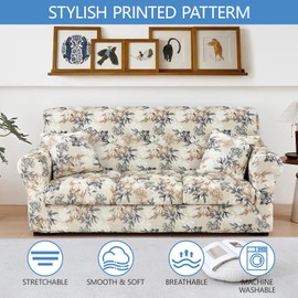 Keyroal Stretch Printed Sofa Cover Couch Covers, 6-Piece Sofa Slipcovers with 3 Separate Cushion Cover & 2 Pillow Case, Washable Soft Spandex Furniture Protector for Living Room(Sofa, Flower)