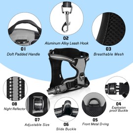 SIBOTER Dog Harness with Dog Lead, Reflective Dog Harness for Small Dogs, with Easy Control Handle and Back, Perfect for Outdoor Walks (Grey, L)