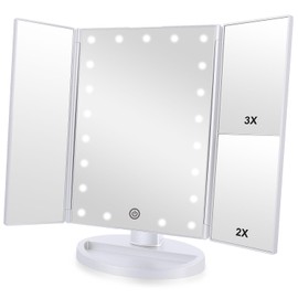 Flymiro Tri-fold Lighted Vanity Makeup Mirror with 3x/2x Magnification,21 LEDs Light and Touch Screen,180 Degree Free Rotation Countertop Cosmetic Mirror,Travel (White)