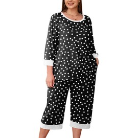 AusLook Women's Plus Size Pajama Set Polkadots Black 3/4 Sleeves Shirt and Capri Pants Sleepwear Loungewear 2 Pcs Pj Sets with Pockets Christmas Pjs 2X