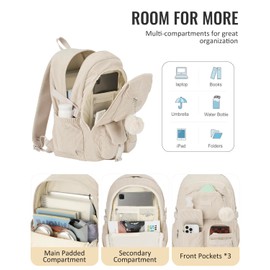 KROSIAS School Backpack for Teens Girls, Large Corduroy Bookbag Lightweight 15.6 inch Laptop Bag for Women Elementary Middle High School College Backpacks Students Travel Daypack - Beige