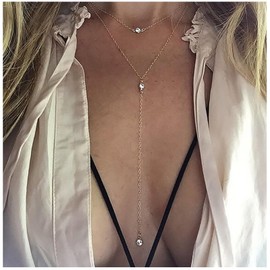 Sttiafay Boho Layered Crystal Necklace Rhinestone Y Lariat Necklace Gold Long CZ Drop Y Necklace Gold Crystal Choker Necklace Chain Jewelry for Women