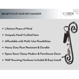 RTZEN Farmhouse Small Key Holder for Wall - Handcrafted Swirl Decorative 5 Key Hooks for Home Entryway - Wrought Iron Wall Mount Rack Purse Coat and Leash Holder or Organizer (Vertical Black)