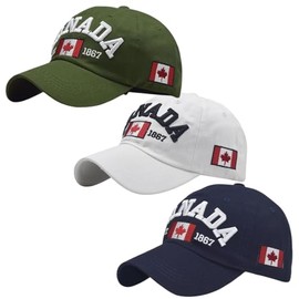 3 Arctic Fox100% Cotton Men & Women Canada Caps EST 1867 Embroidered Maple Leaf Flag Cap/Hat | One Size, Adjustable | Adjustable Strap Back | Front Raised Embroidery - Gre/WHI/Dblu