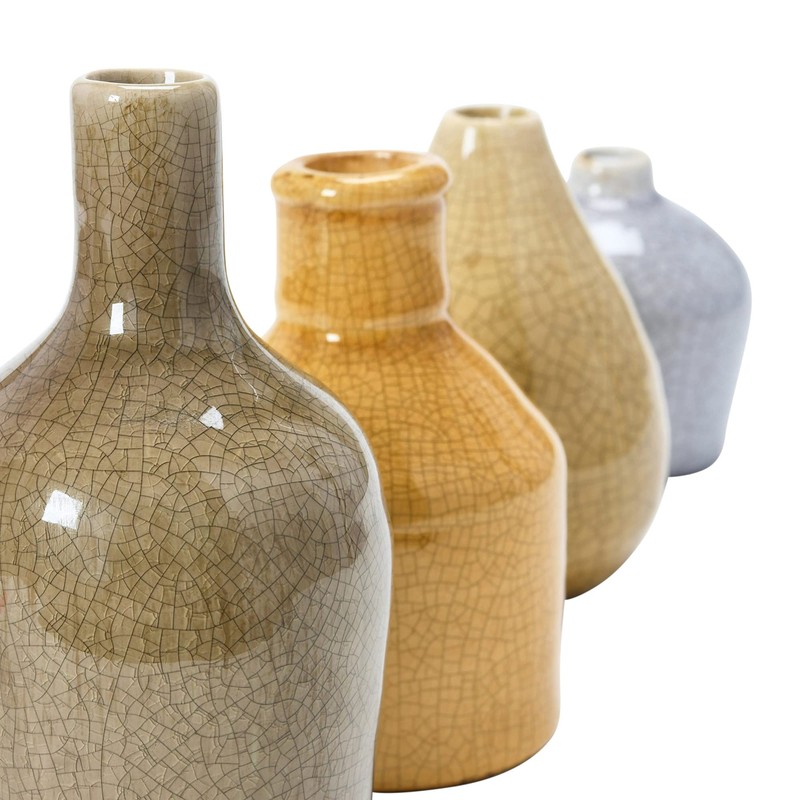 Creative Co-Op Stoneware Bud Vases in Crackle Glaze, Grey/Mustard Tones,