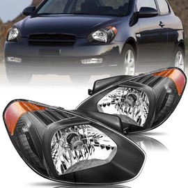 Aosky Headlight Assembly Fits for 2007 2008 2009 2010 2011 Hyundai Accent Replacement Front Light Headlamp Pair Set Black Housing & Amber Reflector