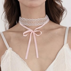 Lace Choker Necklace Bridal 90s Gothic Tatoo Choker Collar Kawaii Chocker Necklace Flower Ribbon Lolita Accessories for Women - Pink