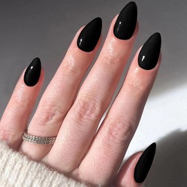 AkiliBIELY Almond Press on Nails Medium Black Fake Nails Women Glue on Nails Acrylic Gel Stick on Nails Fantasy Classy Aesthetic Voguish Pretty False Nails Wedding Birthday