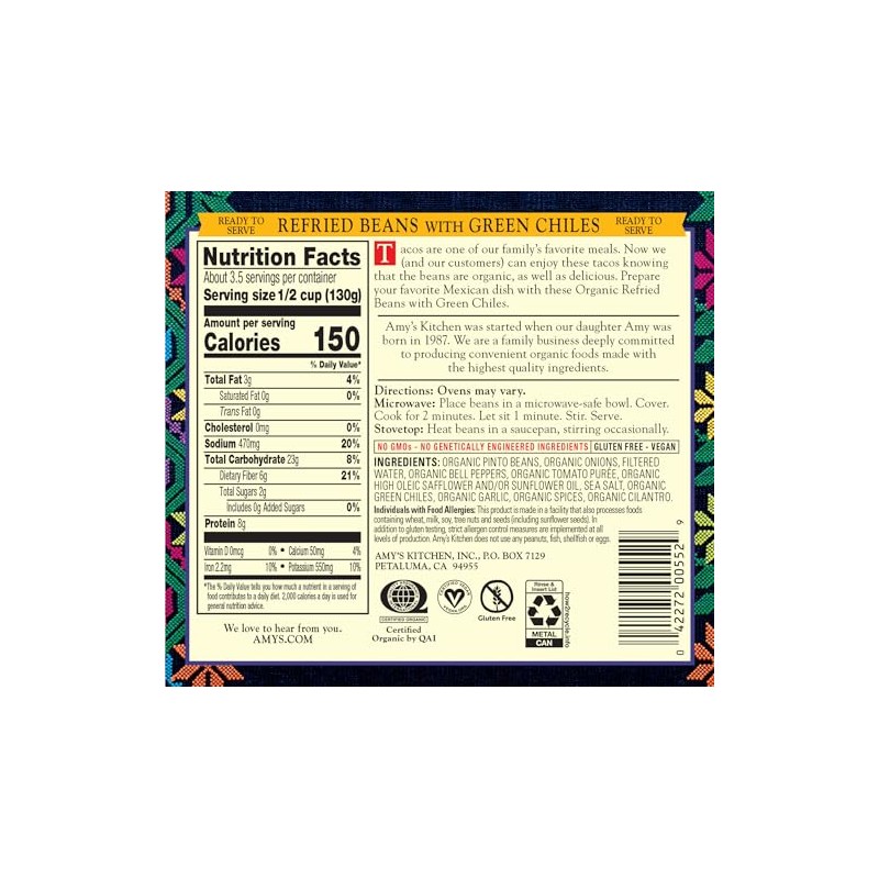 Amy's Organic Refried Beans Canned, Mild with Green Chiles, Vegan
