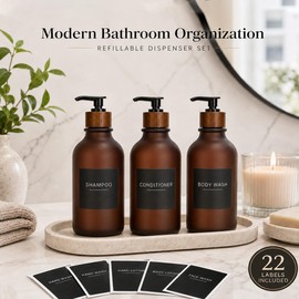 Matte Soap Dispensers with 22 Black Waterproof Labels and Walnut Pump Refillable Matte Bottles for Bathroom and Kitchen