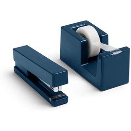 Poppin Dynamic Duo Stapler and Tape Dispenser Set - Slate Blue, Staple Up to 20 Sheets of Paper, Solid Weighted Core Tape Dispenser, Matching Lengths for an Even Set-up