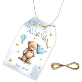 50pcs Bear Thank You Tags, Teddy Bear Gift Tag with String for Birthday Party, Cute Bear Birthday Thank You Paper Tags for 1st Birthday Party Favors