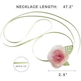 iuviwey Pastel Pink Rose and Green Ribbon Choker Necklace - Fresh Spring-Inspired Adjustable Tie Accessory for Women (Pink foliage flowers)