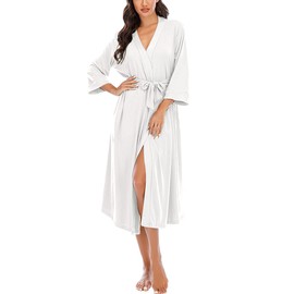 Magic Armor Women's Bathrobe Lightweight 3/4 Sleeve Dressing Gown Soft and V-Neck Kimono Robes Long Sleepwear with Pockets S–XXL, White
