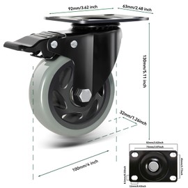 4 Inch Caster Wheels, Casters Set of 4 Heavy Duty, BZOLIHEU Locking Casters, Silent Top Plate Swivel Casters with Brake, Polyurethane Castor Wheels for Furniture and Workbench Cart