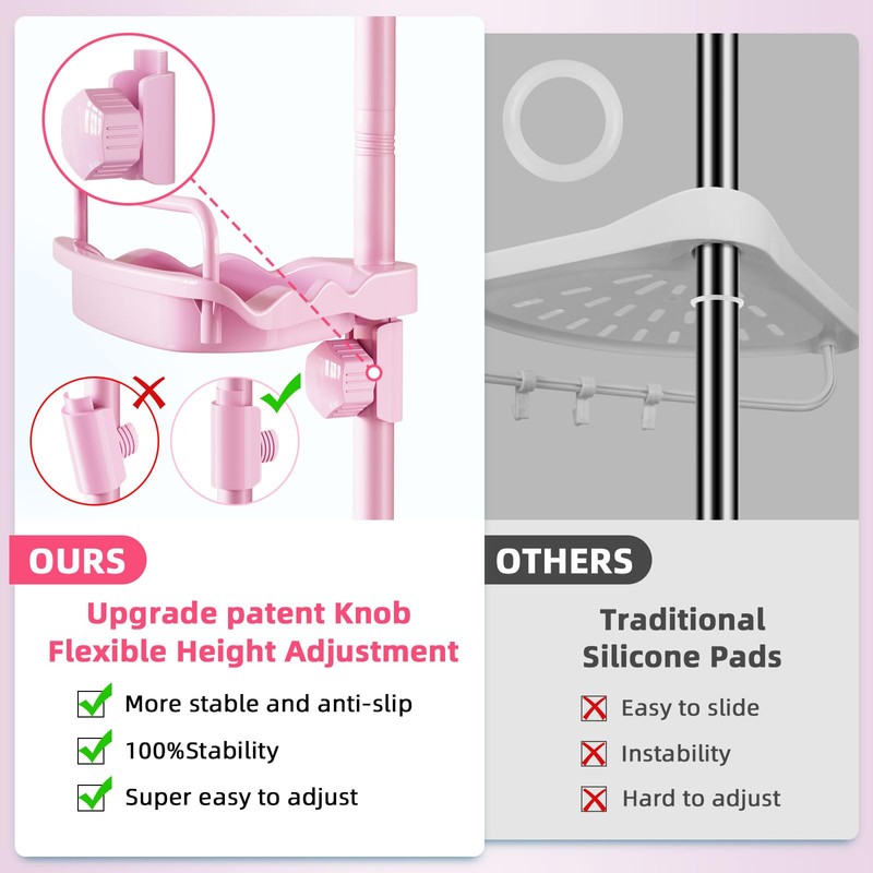 XLHOMO 32-122inch Corner Shower Caddy Tension Pole Pink, Rustproof Drill-Free
